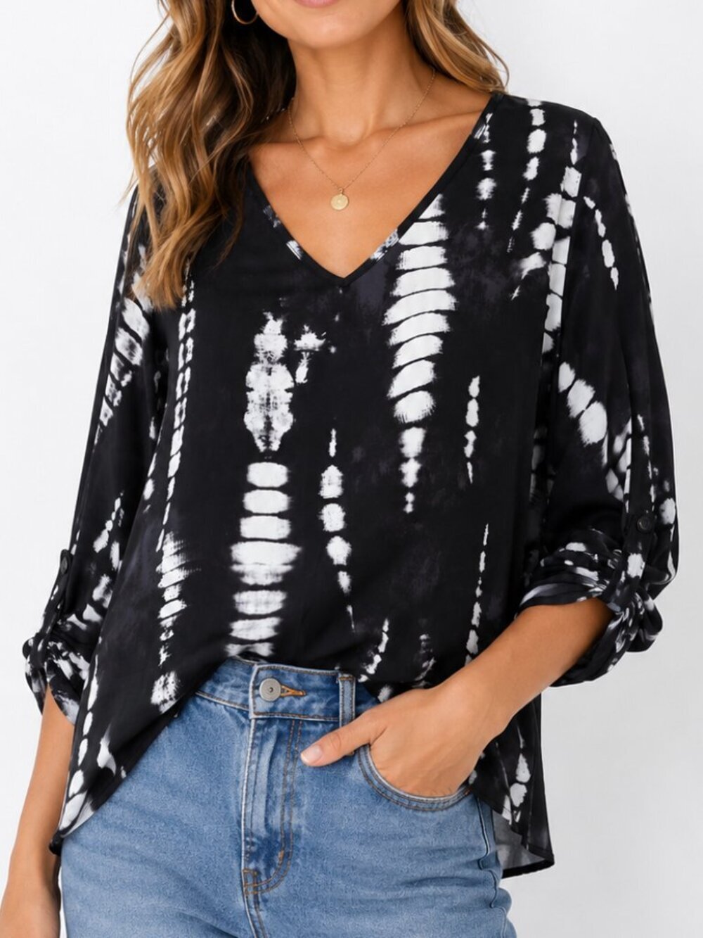 BiBi Black and White Tie-Dye V-Neck Blouse Top Size Large